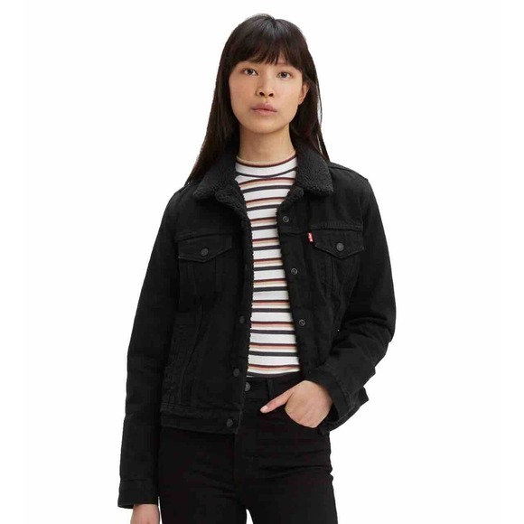Levi's Sherpa Lined Trucker Jacket Forever Black XS Extra Small Womens Snap - Picture 1 of 11